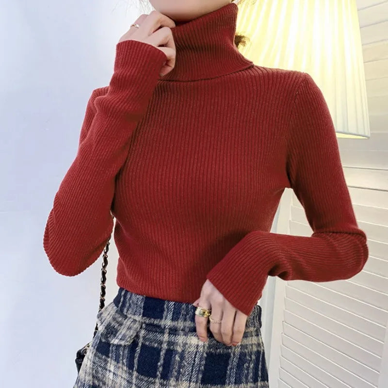 Women Long Sleeved Turtleneck Sweater Harajuku Pullover Women Knit Sweater Slim Elastic Korean Simple Basic Jumper Solid Tops - Dhavinci