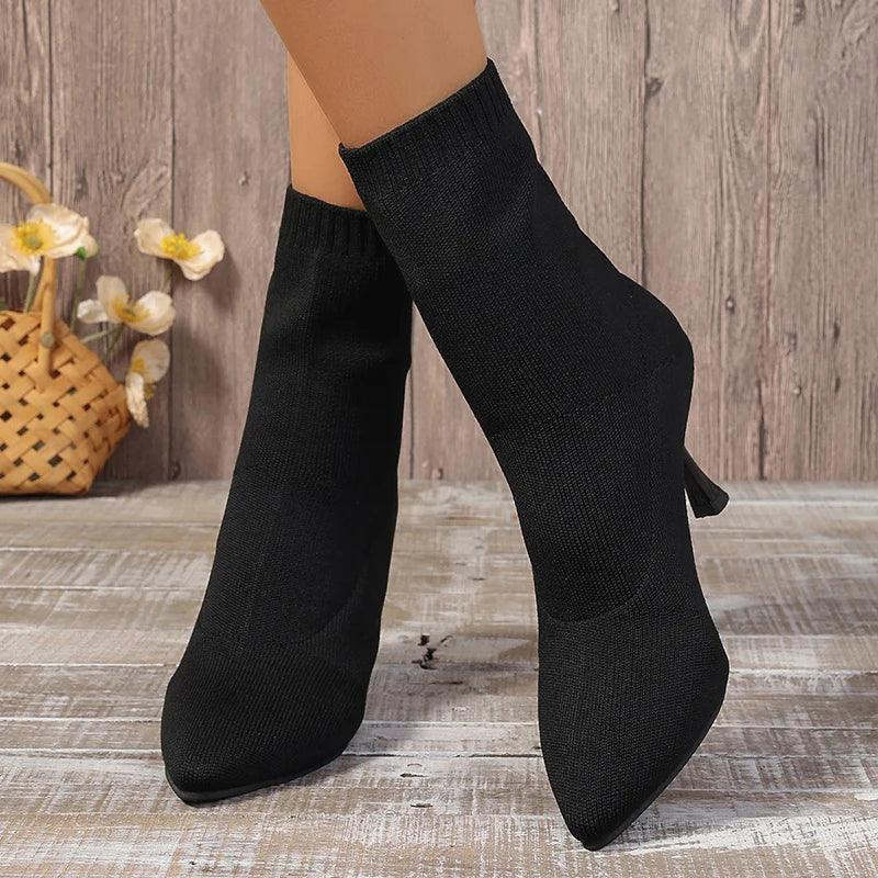 Sexy Thin Heel Ankle Boots for Women | Comfort Knitting Pointed Toe - Dhavinci