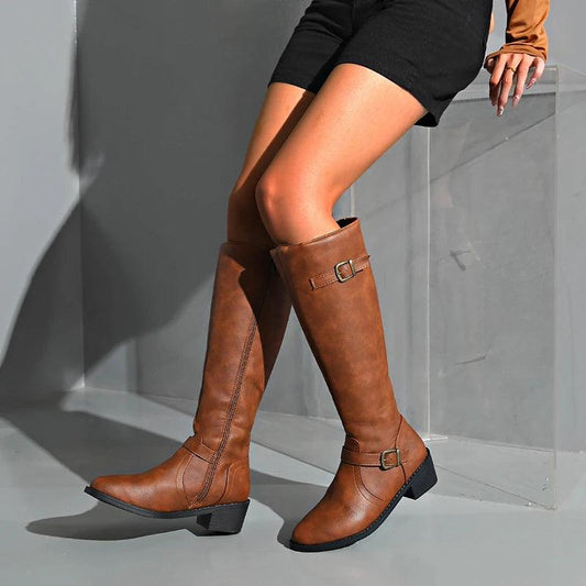 Vintage Leather Knee-High Boots for Women | Brown Pointed Toe High Heels - Dhavinci