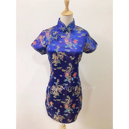 New Chinese Style Dress Mandarin Collar Cheongsams Embroider Dragon Phoenix Qipao Plus Size 3Xl 4Xl 5Xl Vestidos Satin Qipao - Dhavinci