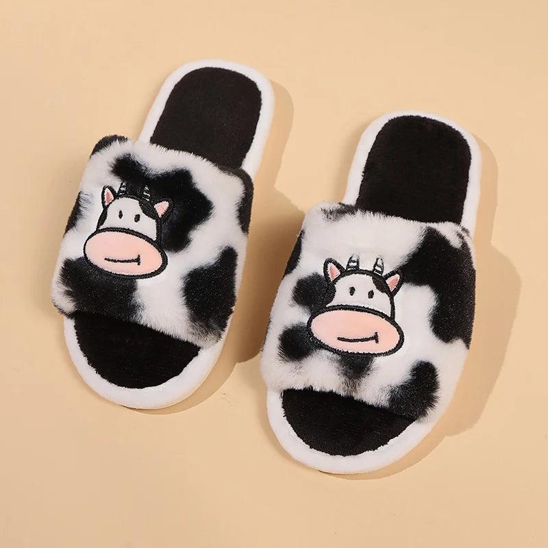 Cartoon Cow Fur Slippers for Women | Warm Fluffy Open Toe Home Slides - Dhavinci