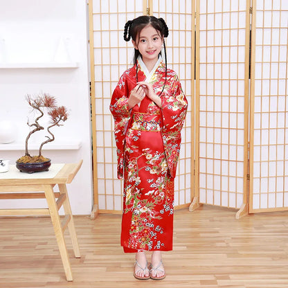 Classic Traditional Girls Kimono Gown Yukata with Obitage Japanese Bathrobe Print Flower Satin Cosplay Performance Clothing - Dhavinci