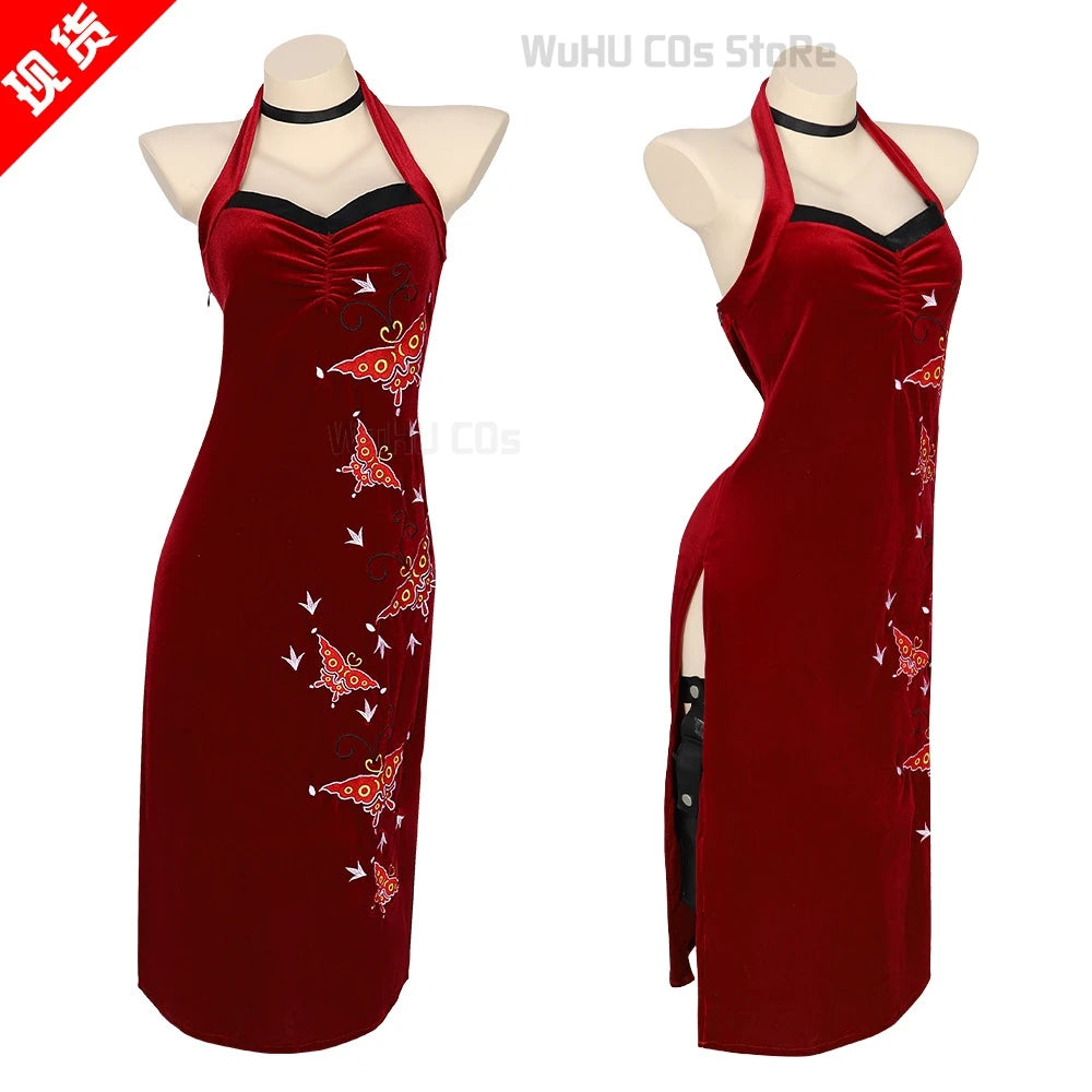 Female Resident 4 Ada Wong Cosplay Costume Evil Cheongsam Dress Red Ada Wig Shoes Halloween Carnival Disguise Suit Women Girls - Dhavinci