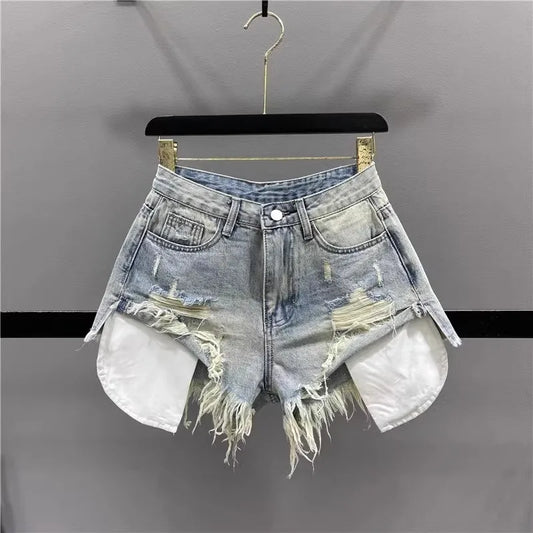 Korean Vintage Blue Sexy Ripped Jeans for Women Patchwork A-line High-waisted Denim Ultra Shorts - Dhavinci