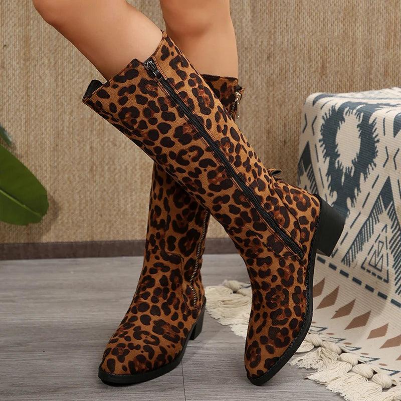 Leopard Print Knee-High Boots for Women | Medium Heels Cowboy Boots - Dhavinci