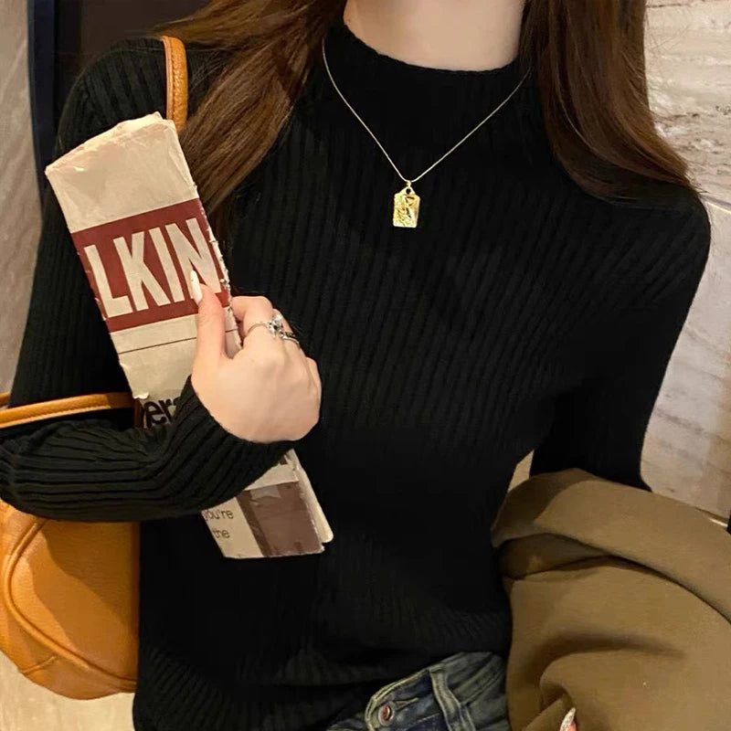 Women Long Sleeved Turtleneck Sweater Harajuku Pullover Women Knit Sweater Slim Elastic Korean Simple Basic Jumper Solid Tops - Dhavinci