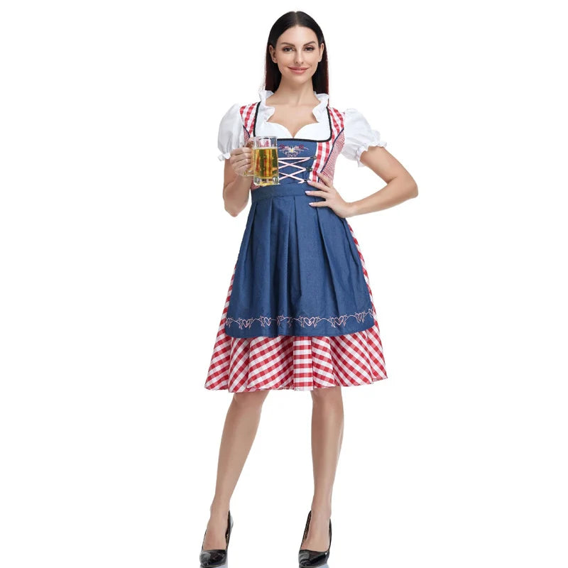 The New Lady Dirndl Oktoberfest Costume Bavarian National Pink Plaid Clubwear Cosplay Carnival Halloween Fancy Party Dress - Dhavinci