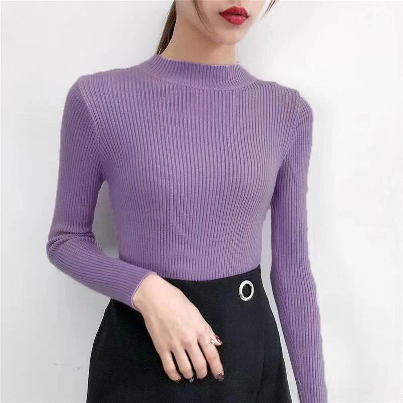 Autumn High Collar Skinny Sweater | Women’s Knit Pullover Tops - Dhavinci