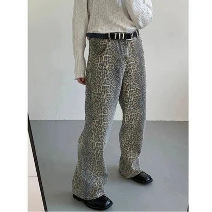 Leopard High-Waist Wide-Leg Jeans | Y2K Streetwear for Women - Dhavinci