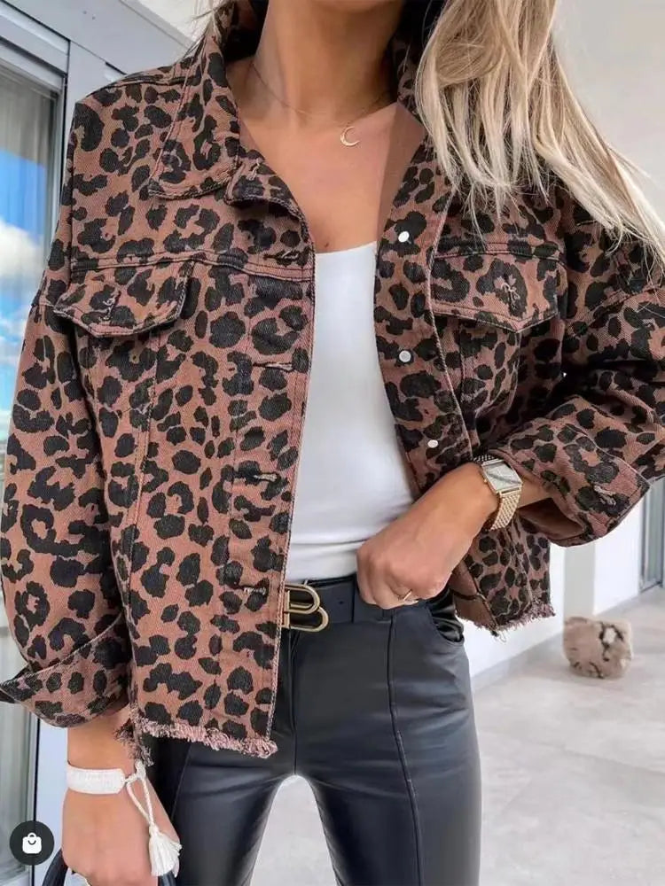 New Loose Leopard Denim Jacket Women Shirt Style Jeancoat Spring Autumn Female Casual Top Street Outerwear Lady Student Jacket - Dhavinci