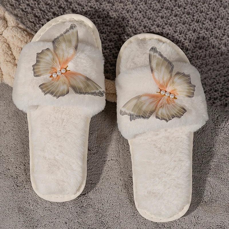 Fashion Butterfly Fur Slippers for Women | Warm Plush Winter Slides - Dhavinci