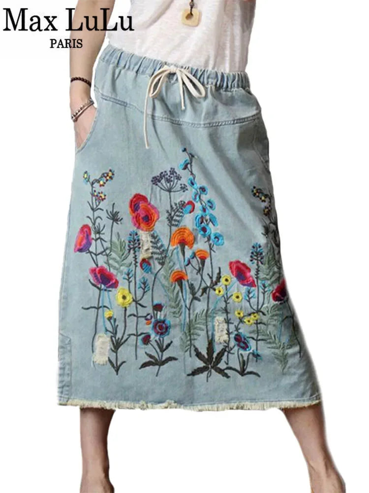 Max LuLu 2024 Autumn Womens Luxury Vintage Loose Embroidery Denim Skirts Ladies Casual Floral Streetwear Females Elegant Clothes - Dhavinci