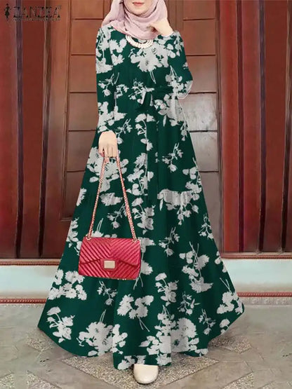 Spring Floral Muslim Dress | Long Sleeve Ramadan Maxi Kaftan Robe - Dhavinci