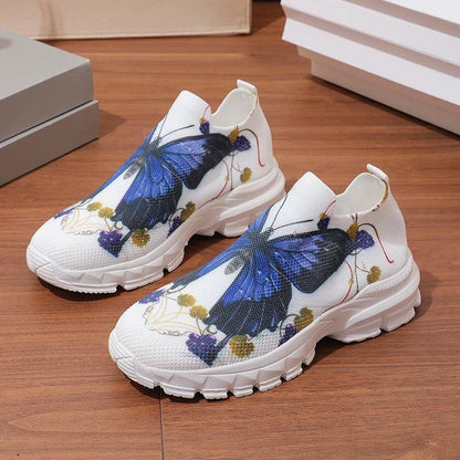 Butterfly Print Platform Sneakers for Women | Slip-On Breathable Casual Shoes - Dhavinci