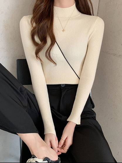 Autumn Winter Mock Neck Sweater | Vintage Solid Knit Pullover for Women - Dhavinci