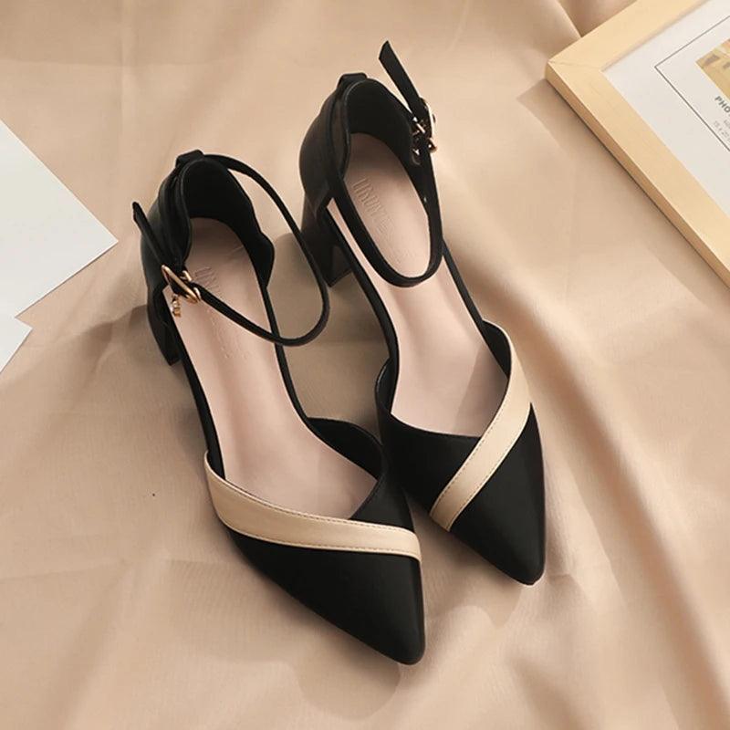 Mix Color Medium Heel Pumps for Women - Pointed Toe Ankle Strap - Dhavinci