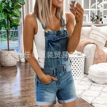 Women Rompers Jeans Jumpsuits One Piece Overalls Washing Denim Shorts Button Loose Casual Pockets Knee Length 2024 Summer - Dhavinci