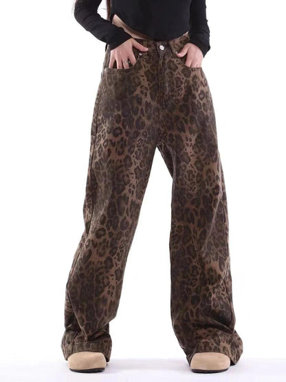 Vintage Leopard Print Jeans for Women | High Waist Wide Leg Denim Trousers - Dhavinci