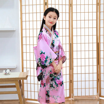 Classic Traditional Girls Kimono Gown Yukata with Obitage Japanese Bathrobe Print Flower Satin Cosplay Performance Clothing - Dhavinci