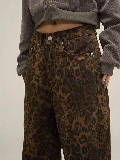 Tan Leopard Print Jeans for Women | Oversized Wide Leg Streetwear Denim - Dhavinci