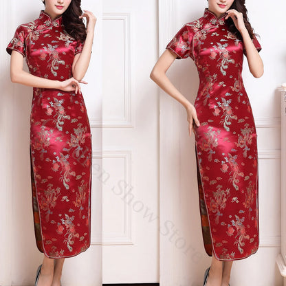 Chinese Style Dress Red Dragon Phoenix Qipao Women Elegant Cheongsams Short Sleeve Satin Vestidos Lady Summer Dresses Oversize - Dhavinci