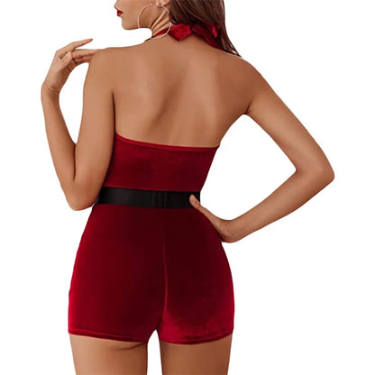 Mrs. Claus Cosplay Costume | Faux Fur Trim Halter Romper for Women - Dhavinci