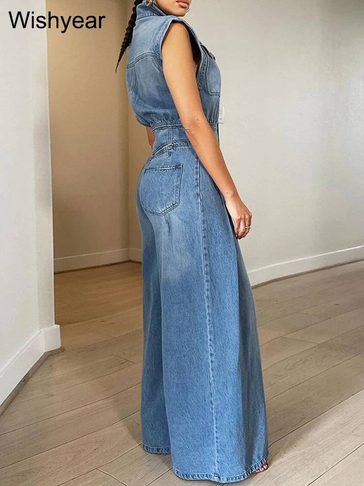 Vintage Loose Denim Wide Leg Pants Jumpsuit Women Pocket Sleeveless Single Breasted Baggy Jean One Piece Rompers Street Overalls - Dhavinci