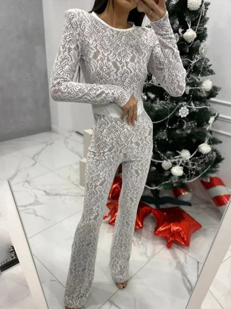 Lace Print Long Sleeve Jumpsuit Women | Slim Fit Fashion Overalls - Dhavinci