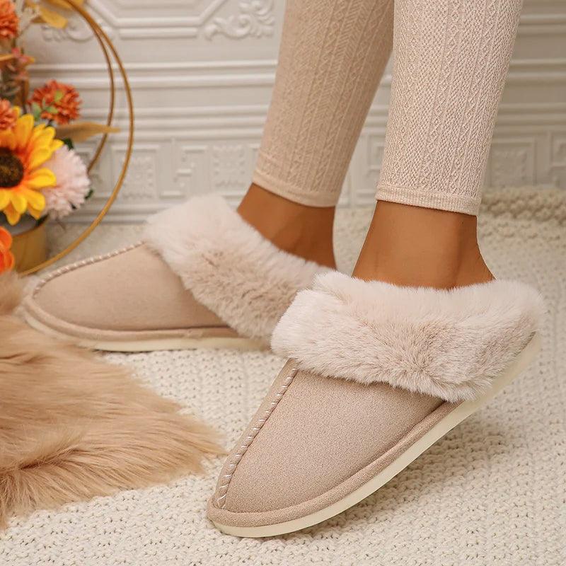 Winter Warm Plush Slippers for Women - Faux Fur Cotton Mules - Dhavinci