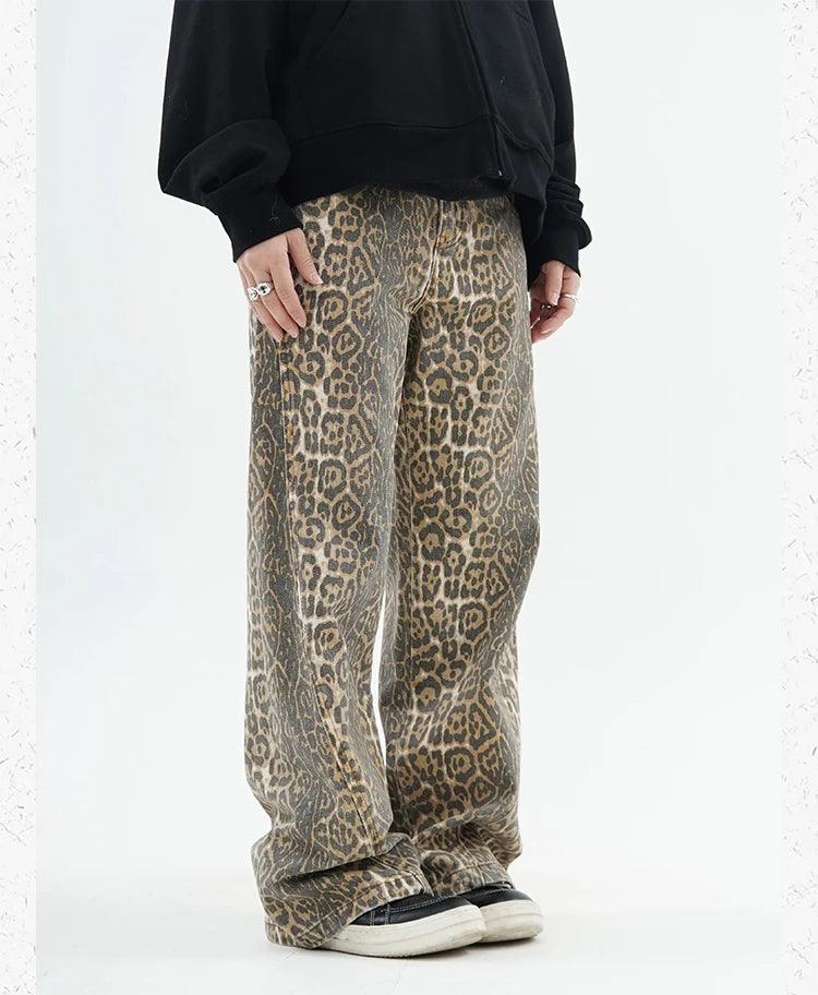 Vintage Leopard Print Jeans for Women | High Waist Wide Leg Denim Trousers - Dhavinci