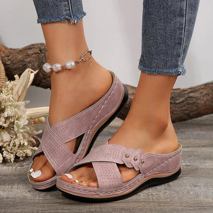 Rivet Platform Slippers | Women’s Cross Strap Wedge Sandals - Dhavinci