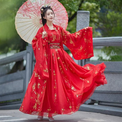 Chinese Hanfu Dress Women Traditional Vintage Hanfu Halloween Cosplay Costume Dance Dress Hanfu Gradient Red white 4pcs Sets - Dhavinci