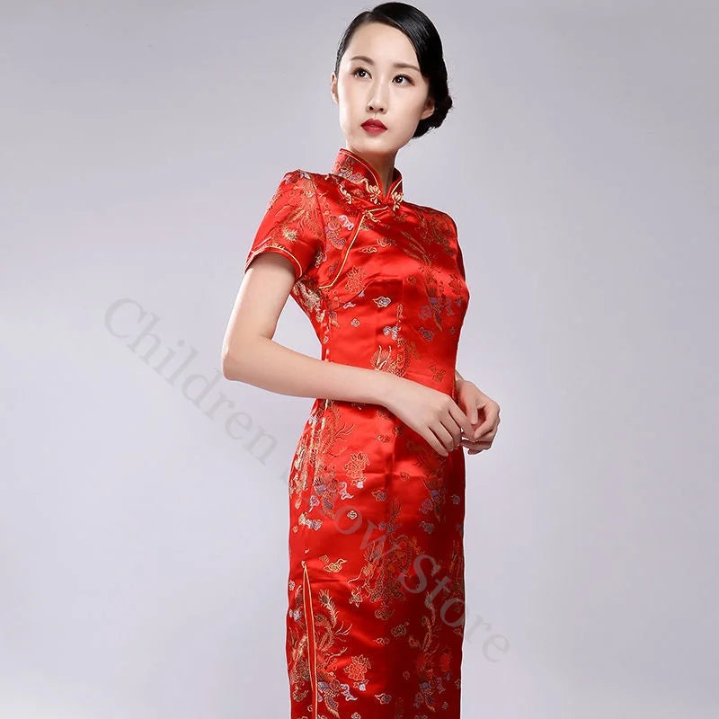 Chinese Style Dress Red Dragon Phoenix Qipao Women Elegant Cheongsams Short Sleeve Satin Vestidos Lady Summer Dresses Oversize - Dhavinci