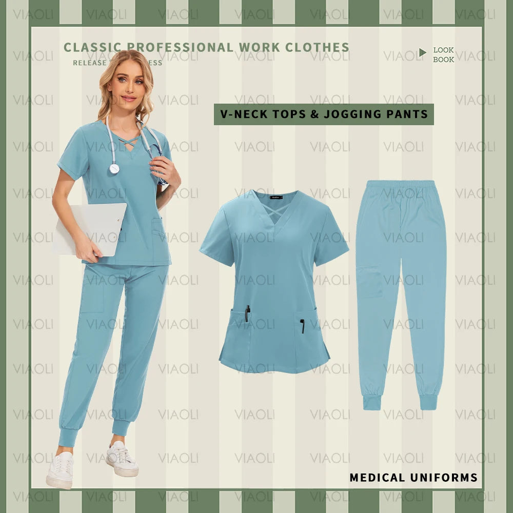 Nurse Uniforms Woman Short Sleeve V Neck Top Scrubs Jogger Pants Medical Scrubs Set Women Summer Casual Uniformes Clinicos Mujer - Dhavinci