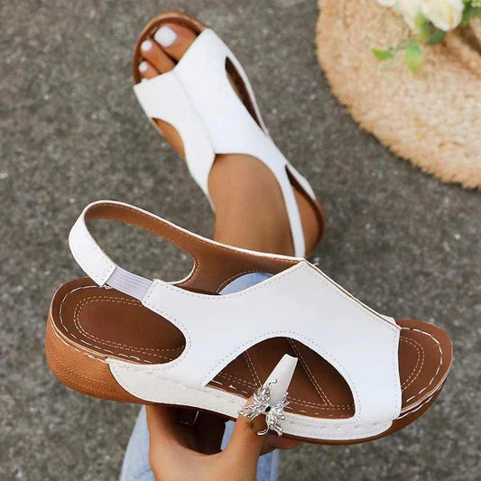 Women's Med Heel Platform Sandals - Peep Toe Leather Wedge Clogs - Dhavinci