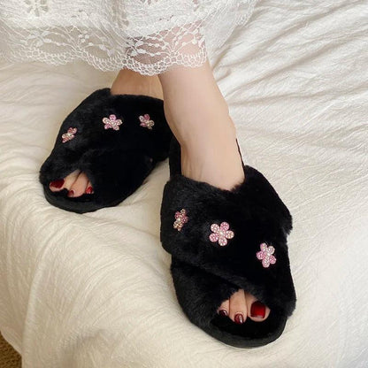 Fashion Flower Fluffy Slippers for Women | Peep Toe Faux Fur Slides - Dhavinci