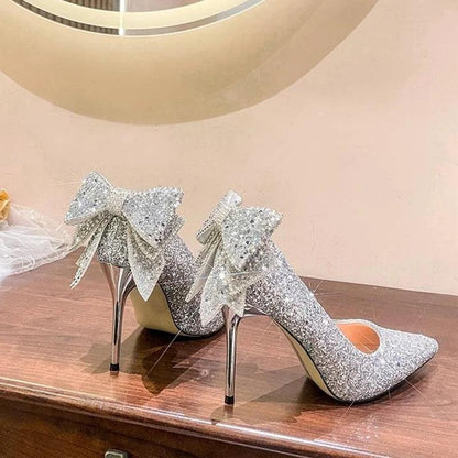 Shiny Bowknot Thin Heels Pumps for Women | Glitter Crystal Party Shoes - Dhavinci