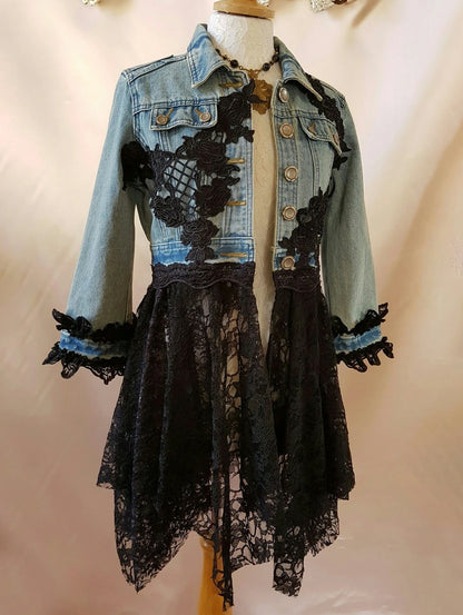 Streetwear Women Lace Hook Flower Hollow Out Patchwork Frayed Edges Hole Denim Jacket Summer 2024 Long Sleeve Casual Veste Femme - Dhavinci