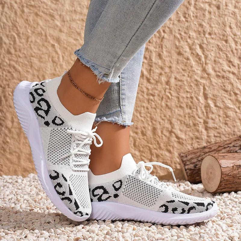 Leopard Print Knitted Sneakers for Women | Breathable Mesh Casual Shoes - Dhavinci