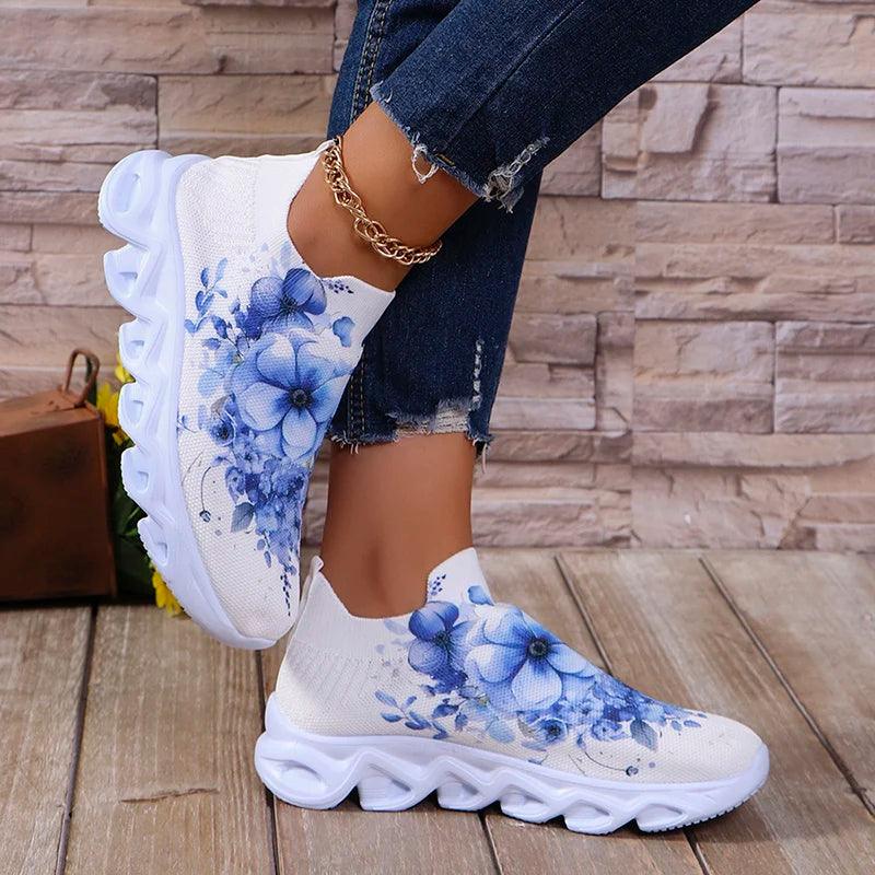 Flower Print Platform Sneakers for Women | Breathable Slip-On Shoes - Dhavinci