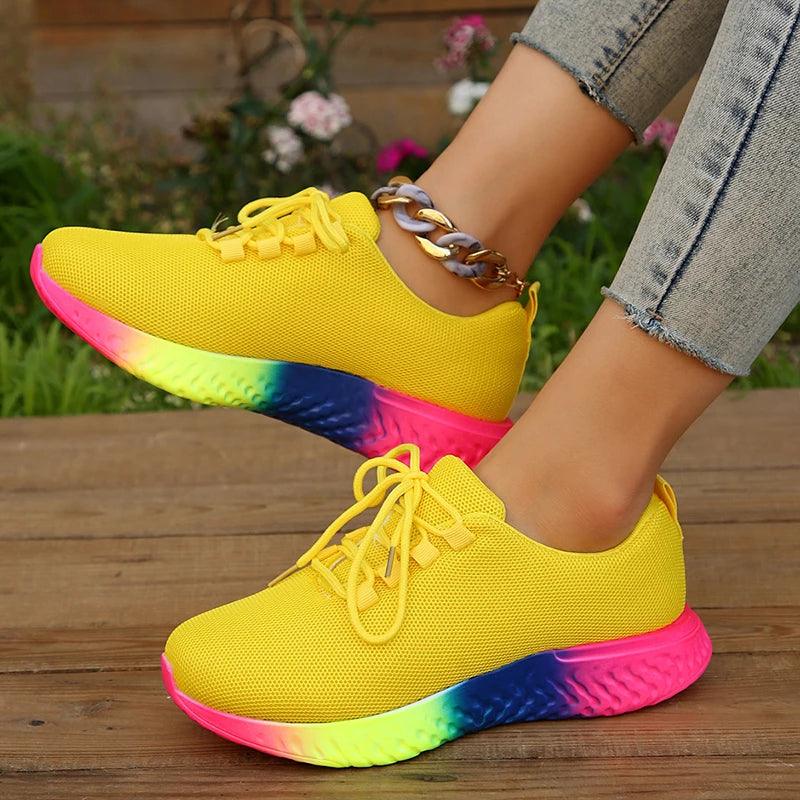 Rainbow Bottom Sneakers for Women | Lace-Up Breathable Mesh Flats - Dhavinci