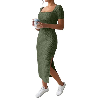 Summer Square Neck, Hip-Hugging Mid-Length Skirt, Short-Sleeved, Versatile Knitted Slit Dress - Dhavinci