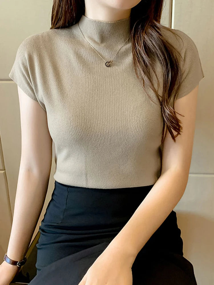 Women Summer Sexy Knitted Turtleneck Sleeveless T-Shirts Tops Solid Slim Fit Pullovers Causal Tees Female Streetwear Basics Tees - Dhavinci