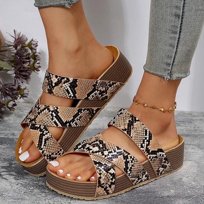 Snake Pattern Cork Sandals | Women’s Non-Slip Platform Slides - Dhavinci