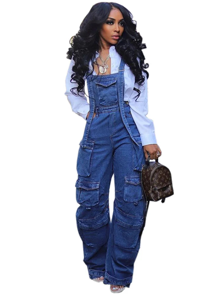 Wmstar Women Jumpsuit Fashion Rompers Streetwear Sleeveless Denim Vintage Loose Jeans Overalls Pockets Wide Leg Female Pants - Dhavinci