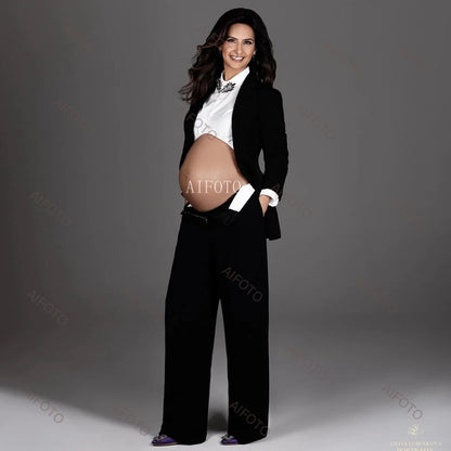 White OL Suit Maternity Photoshoot Outfit Suit Lace Up Long Sleeve Blazer Clothes Chic Chest Chain For Pregnant Women Photograph - Dhavinci