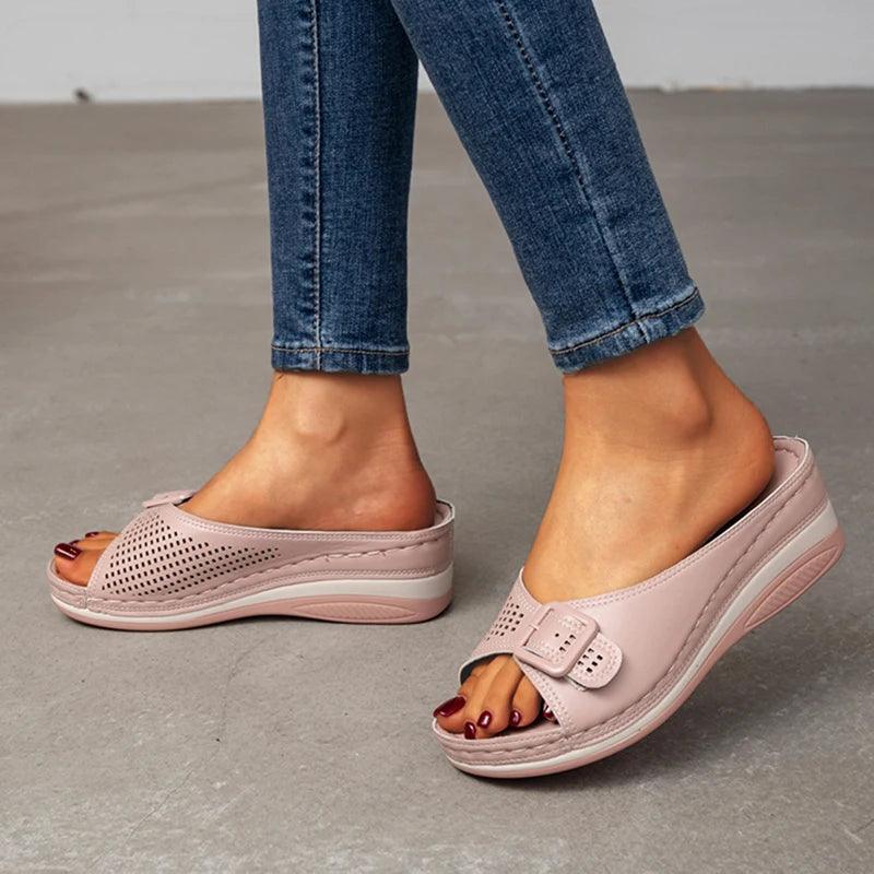 Women’s Buckle Wedge Slippers - Summer Hollow Out Design - Dhavinci