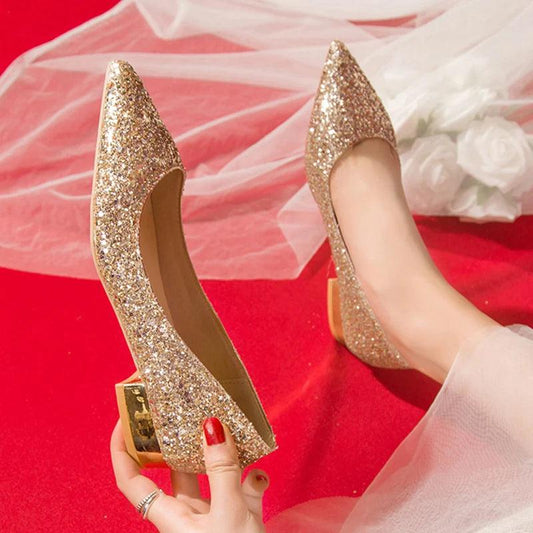 Sexy Shiny Sequin Pumps | Pointed Toe Low Heels for Weddings - Dhavinci