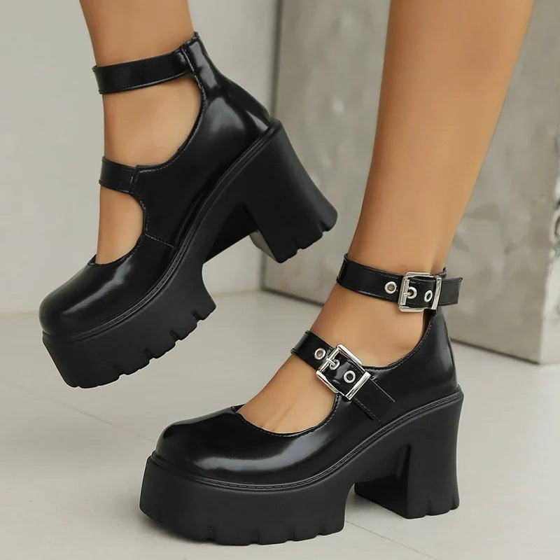 Punk Gothic Thick Heel Pumps for Women | Ankle Buckle Platform Shoes - Dhavinci