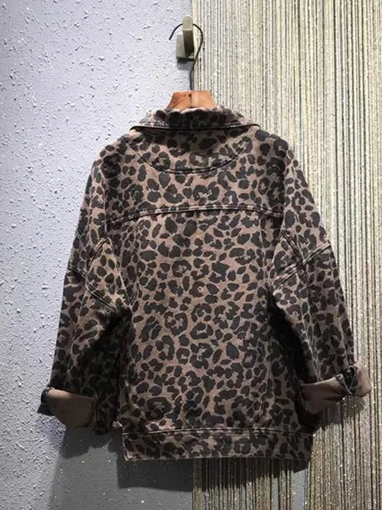 New Loose Leopard Denim Jacket Women Shirt Style Jeancoat Spring Autumn Female Casual Top Street Outerwear Lady Student Jacket - Dhavinci